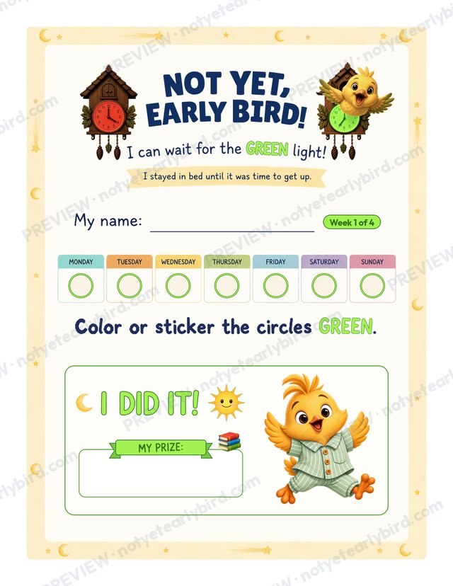 Pages 2–5: a weekly Sunny chart with seven sticker circles.
