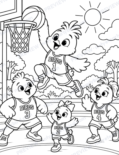 Sunny dunking a basketball while his family cheers in their BIRDS jerseys.
