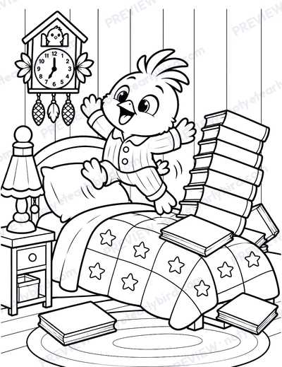 Sunny bouncing on his bed beside a tall tower of books, Tick-Tock at seven.