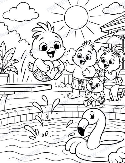 Sunny cannonballing into the pool as his family claps, a flamingo float bobbing nearby.