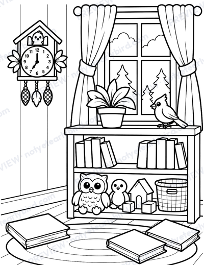 A bookshelf with an owl and toys, a cardinal at the window and Tick-Tock on the wall.