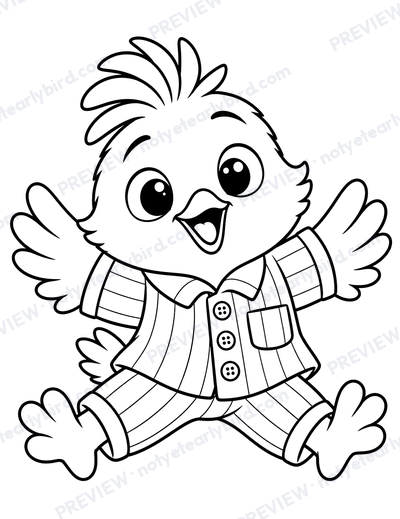 Sunny leaping in his striped pajamas, wings wide open.