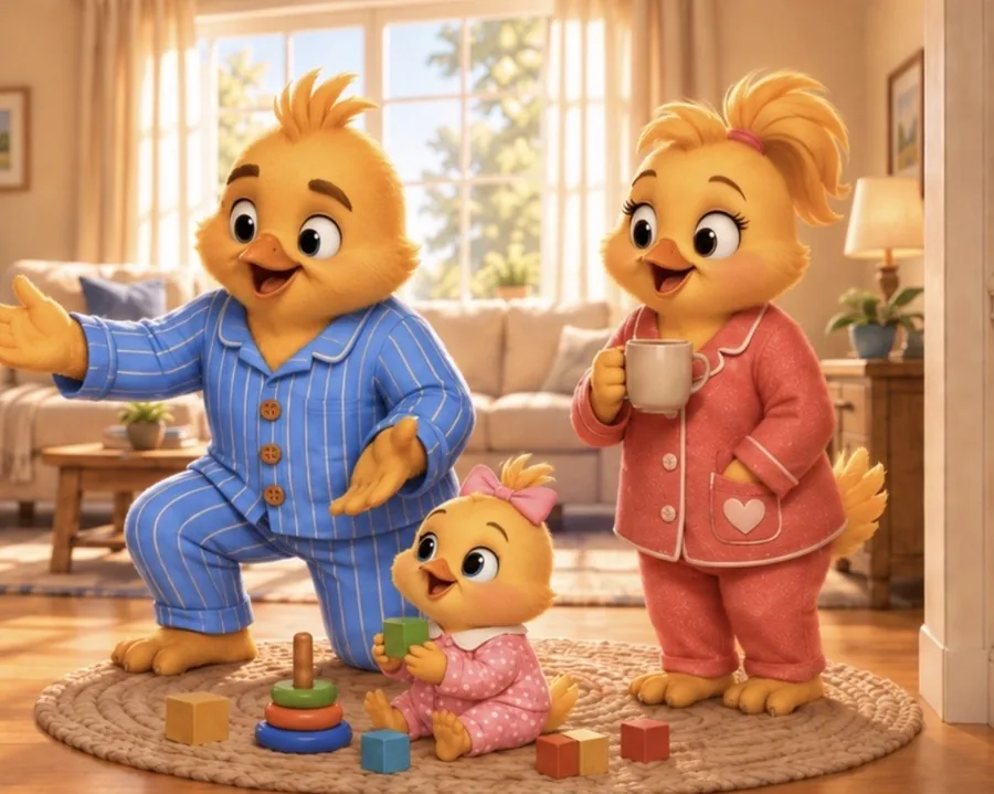 Sunny's family together in the living room.